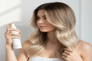 مراقبت از مو بعد از آمبره روسی با اسپری محافظ برای حفظ درخشندگی و نرمی.