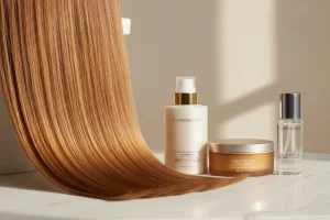 محصولات مراقبت از مو کنار دسته موی لایتشده روی میز مرمری با نور طبیعی autorenew thumb_up thumb_down