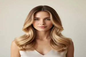 مدل مو با آمبره روسی طبیعی با هایلایتهای بلوند گرم و بافت موجی نرم