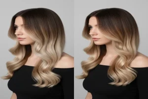 مقایسه آمبره روسی و آمبره کلاسیک روی موهای بلند زنانه با تفاوت در مرز رنگ و شدت روشنایی