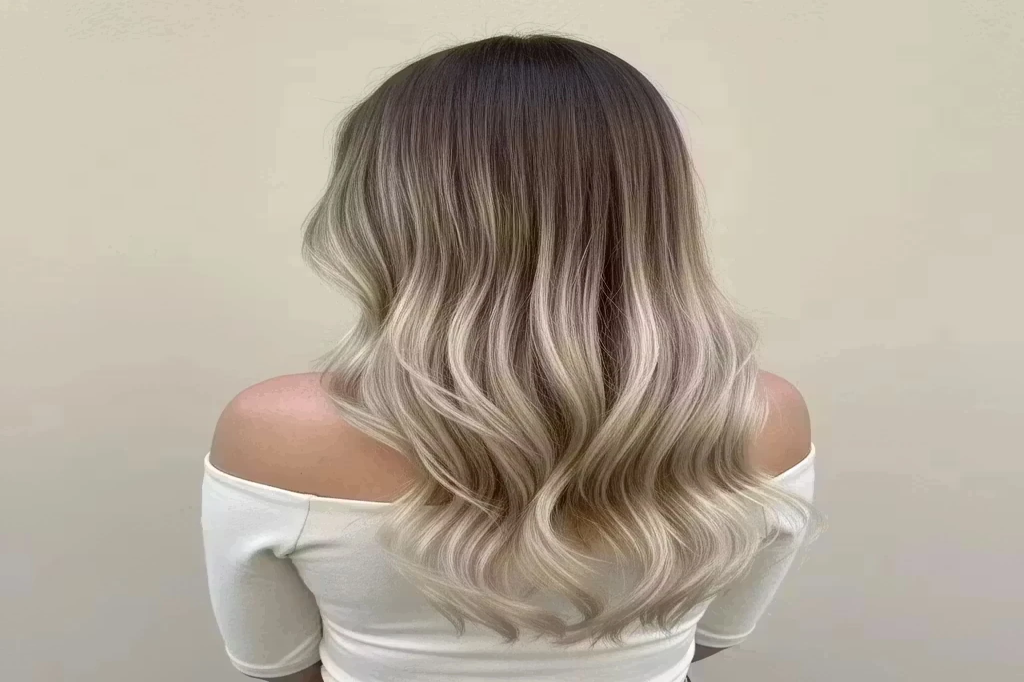 مدل مو با آمبره روسی طبیعی با گذر نرم از قهوه‌ای شکلاتی به بلوند بژ و درخشش زیر نور طبیعی